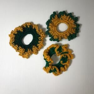 NWT Green Gold Handmade Crocheted Hair Scrunchie by Dawny Set of 3